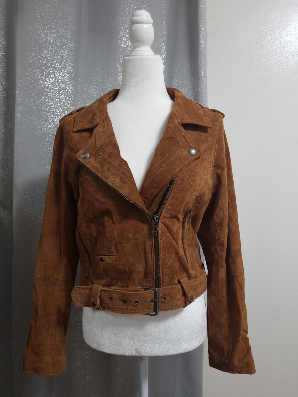 BLANKNYC Genuine Suede Moto Jacket Cognac Brown Belted Leather Jacket Size M
